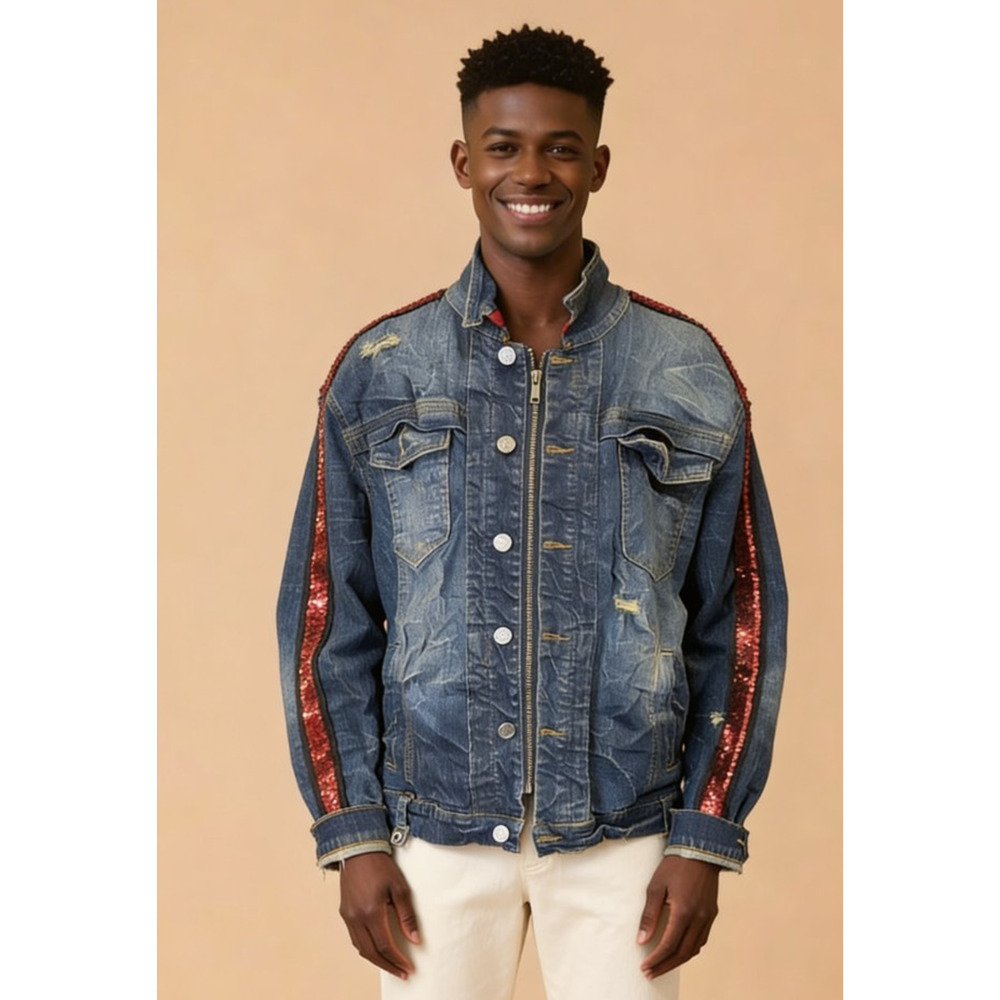 Smuggler's Moon by Priva Distillery, denim jacket with red sequined detail